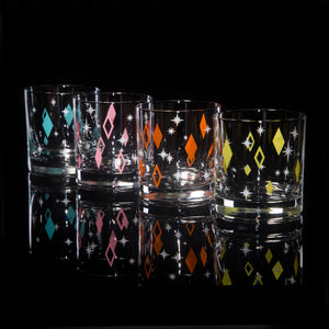 Atomic Drinkware Starburst Diamonds Collins Glasses Set of 4 Yellow & Black