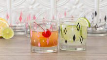 Load image into Gallery viewer, Mixed Aqua, Orange, Black &amp; Pink Diner Diamonds Rocks/Old Fashioned Glasses