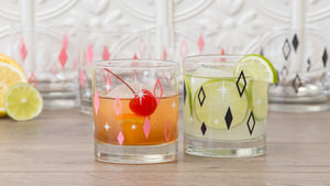 Mixed Aqua, Orange, Black & Pink Diner Diamonds Rocks/Old Fashioned Glasses