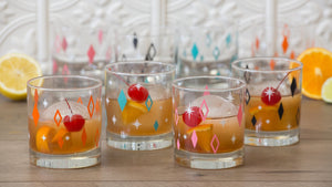Mixed Aqua, Orange, Black & Pink Diner Diamonds Rocks/Old Fashioned Glasses
