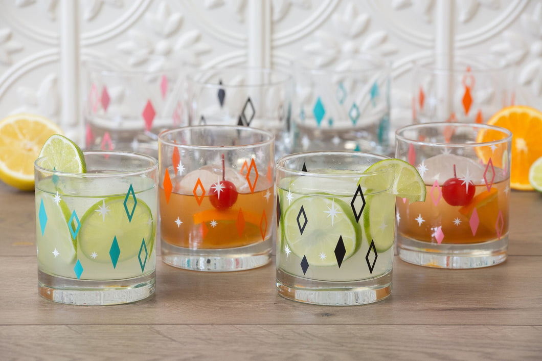 Mixed Aqua, Orange, Black & Pink Diner Diamonds Rocks/Old Fashioned Glasses