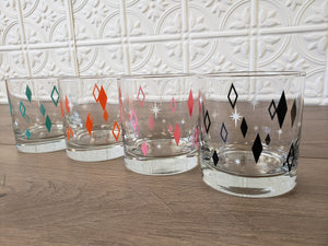 Mixed Aqua, Orange, Black & Pink Diner Diamonds Rocks/Old Fashioned Glasses