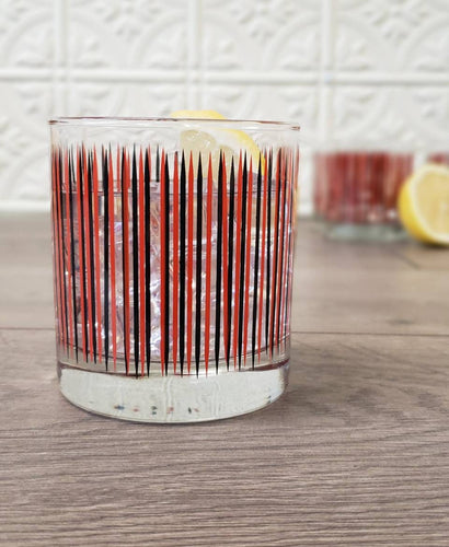 Red and Black Tapered Stripes Vintage Inspired Retro Rocks/Old Fashioned Drinking Glasses Hand Printed in Ohio USA